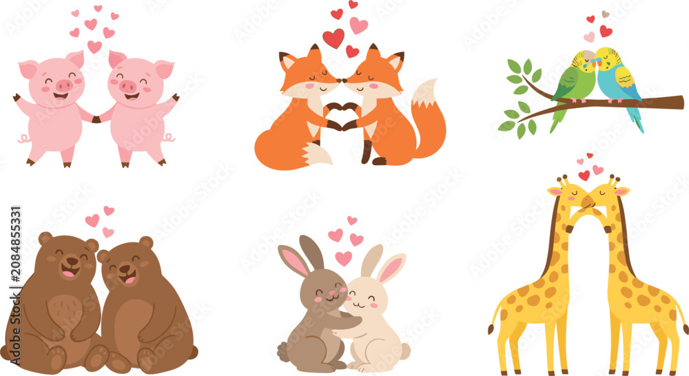 Naklejka premium Cute Cartoon Animal Couples in Love Vector Set with Kawaii Fox Giraffe Bear Bunny Pig and Lovebirds Valentine Character Sticker Collection Isolated on White Background