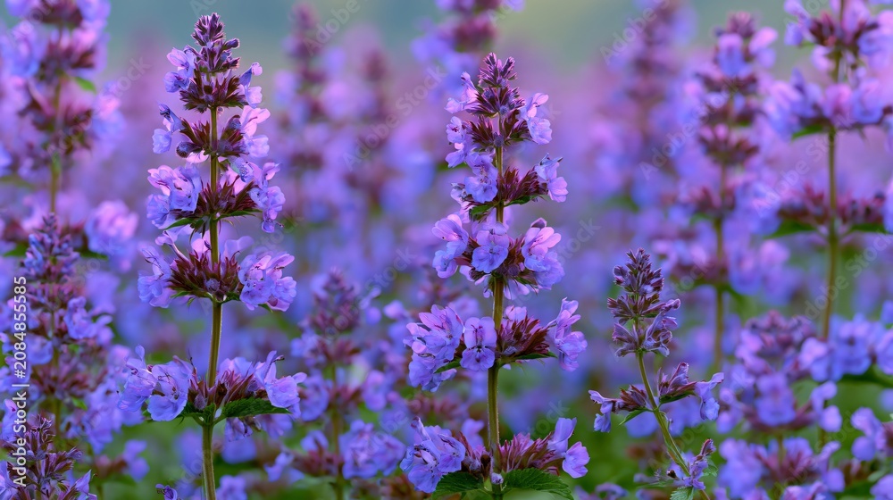 Fototapeta premium Lush Catnip Flowers Field in Soft Colours Garden
