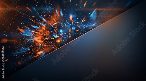 Abstract digital explosion with vibrant glowing particles and light beams