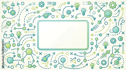 Abstract strategic planning concept with arrows gears and lightbulbs around blank space