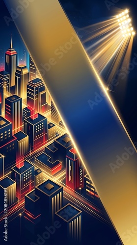 Futuristic cityscape with glowing skyscrapers under bright light beams