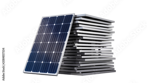 Isolated solar panel leaning on a stack of photovoltaic modules, clean energy technology.