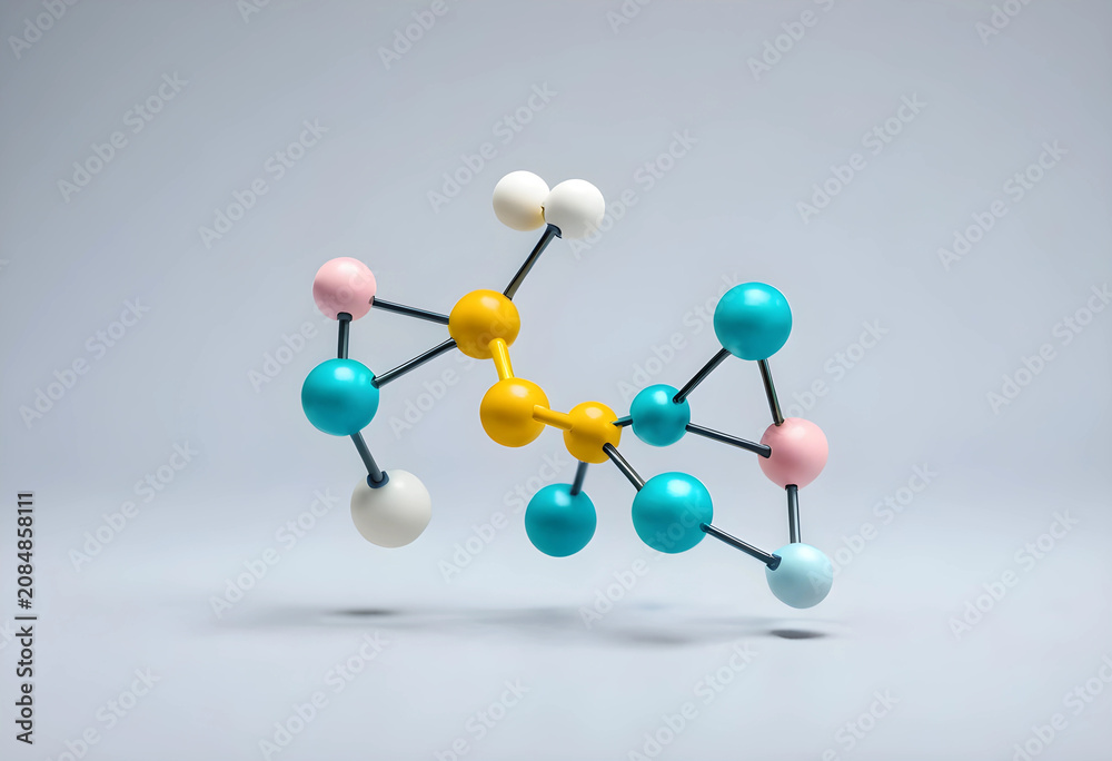 Fototapeta premium 3D model of serotonin molecule on pastel background