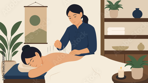 Bild auf Leinwand illustration depicting a professional acupuncturist performing a traditional acupuncture session on a relaxed client in a tranquil wellness spa