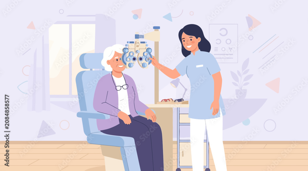Obraz premium Optometrist examining a senior woman's eyes with a refractometer in a clinic.