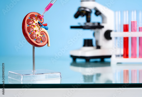 Kidney model with syringe and microscope for medical research and science