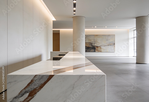 Modern interior design with marble reception desk and minimalist decor