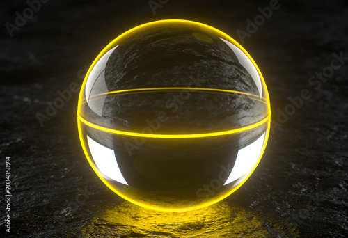 Glowing yellow neon orb with reflective surface on dark background for technology concepts