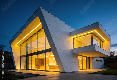Modern white house with unique angular design and warm yellow lighting at dusk