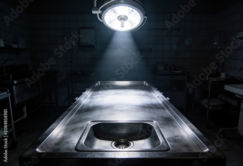 Dark and moody autopsy table with spotlight in a dimmed medical environment