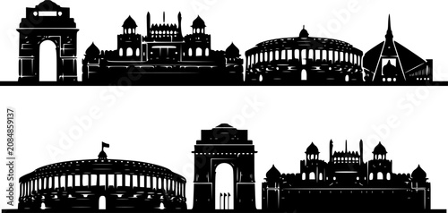 India famous landmarks skyline silhouette collection featuring India Gate, Red Fort, Qutub Minar, and historic monuments in bold black illustration perfect for travel, tourism, and Independence Day de