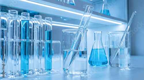 Photos Laboratory equipment with blue liquid in test tubes and beakers