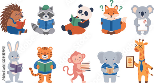 Photography Cute Cartoon Animals Back to School Vector Set with Kawaii Giraffe Elephant Pand