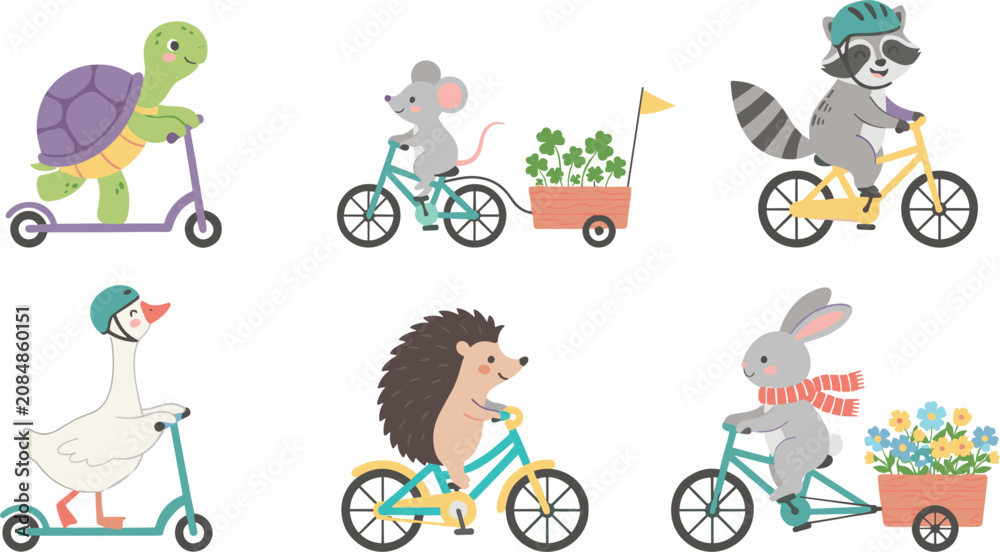 Naklejka premium Cute Cartoon Animals Riding Bicycles and Kick Scooters Vector Set with Kawaii Turtle Mouse Raccoon Goose Hedgehog and Rabbit Eco Friendly Transport Character Collection Isolated on White Background