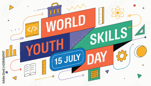Colorful world youth skills day banner with professional education icons