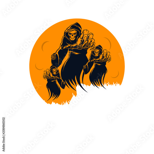 Quadro em tela Stylized illustration of three Grim Reaper figures with skeletal faces and hooded cloaks, extending bony hands forward
