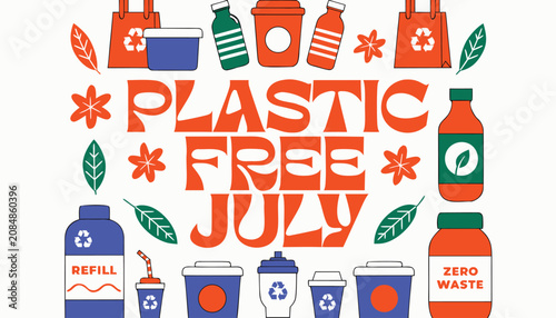 Plastic free july graphic design with sustainable eco friendly icons