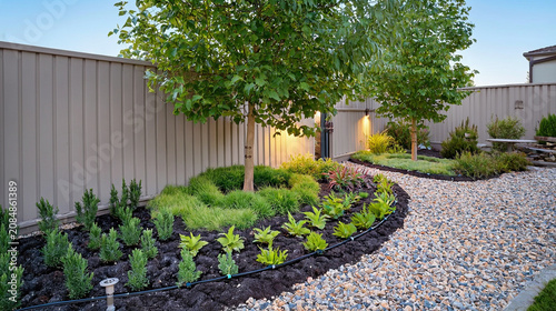 Water wise front yard xeriscape with drip irrigation and drought tolerant plants