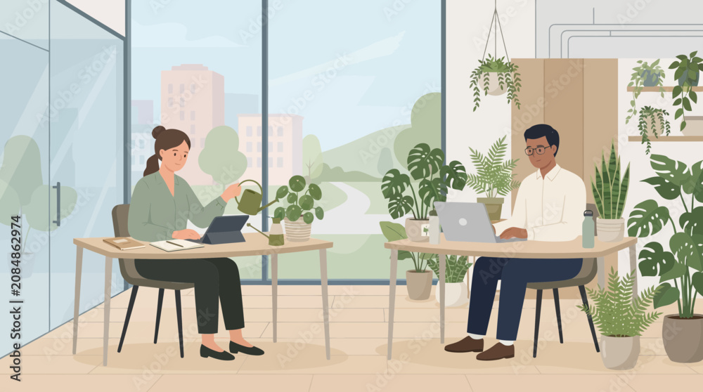 Fototapeta premium Modern Office with Greenery and Remote Workers