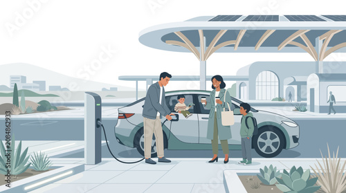 Family charging electric car at solar powered station, sustainable lifestyle