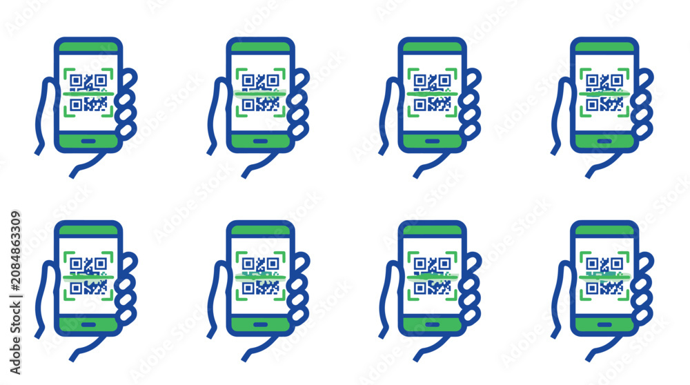 Fototapeta premium Set of eight hands holding smartphones displaying QR codes with different numbers and symbols for scanning and digital verification
