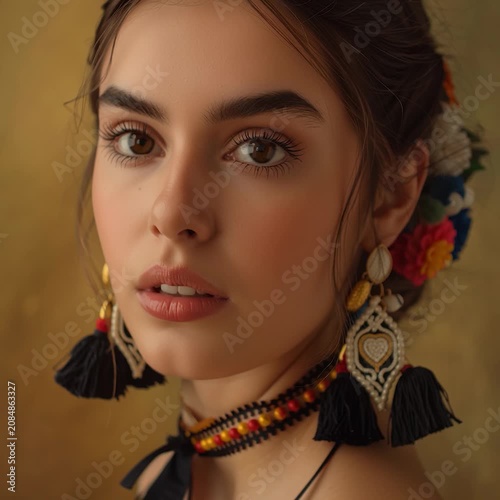 CLOSE UP PORTRAIT OF A PROUD YOUNG SPANISH WOMAN WITH HAZEL EYES WEARING TRADITIONAL TASSEL EARRINGS AND COLORFUL FLOWERS IN HAIR