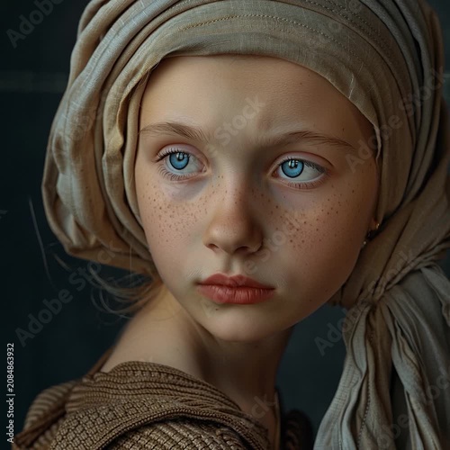 CLOSE UP PORTRAIT OF A SERENE YOUNG GIRL WITH BLUE EYES WEARING A TRADITIONAL FABRIC HEADSCARF AND A SINGLE PEARL EARRING, RENAISSANCE FINE ART STYLE