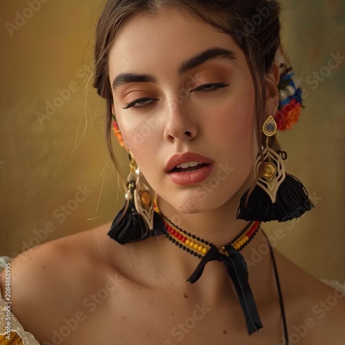 CLOSE UP PORTRAIT OF A PROUD YOUNG SPANISH WOMAN WITH HAZEL EYES WEARING TRADITIONAL TASSEL EARRINGS AND COLORFUL FLOWERS IN HAIR