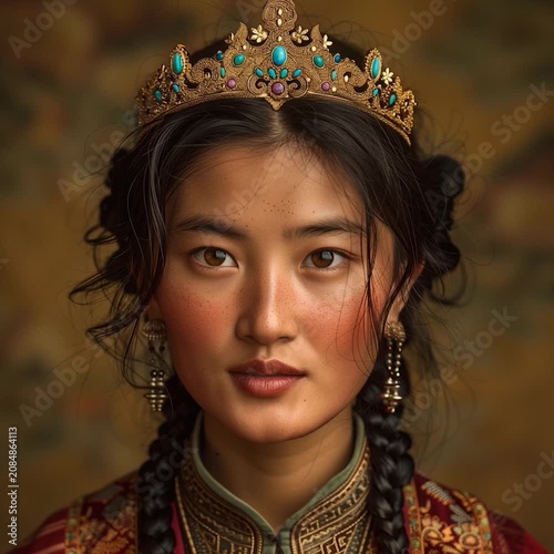 CLOSE UP PORTRAIT OF A SERENE YOUNG TIBETAN WOMAN WEARING AN INTRICATE TRADITIONAL GOLDEN CROWN WITH TURQUOISE BEADS