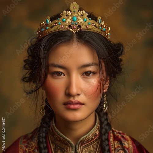 CLOSE UP PORTRAIT OF A SERENE YOUNG TIBETAN WOMAN WEARING AN INTRICATE TRADITIONAL GOLDEN CROWN WITH TURQUOISE BEADS