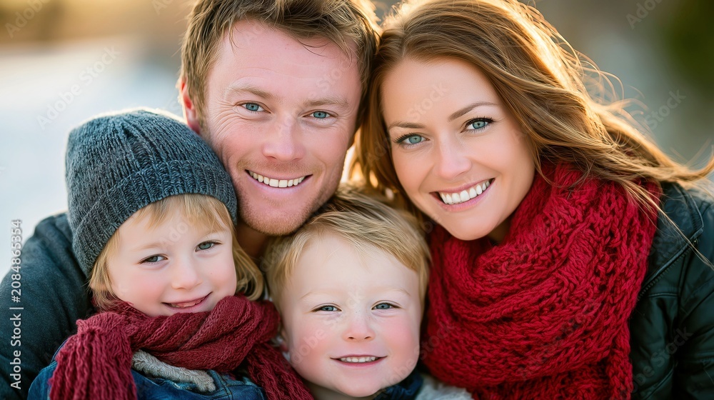 Fototapeta premium Happy family portrait outdoors in winter scarves and warm smiles.
