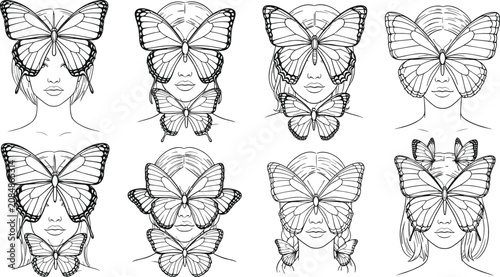 Obraz na płótnie Butterfly mask woman silhouette illustration set, surreal artistic portrait artw