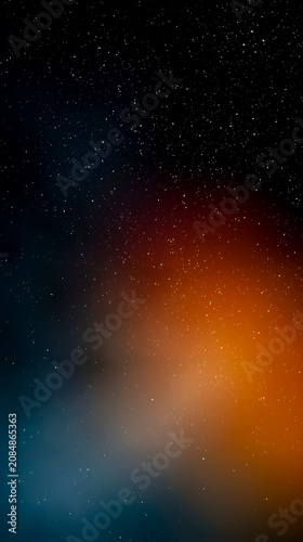 A digital artwork depicting a night sky with a gradient of colors transitioning from blue to orange filled with numerous small white stars