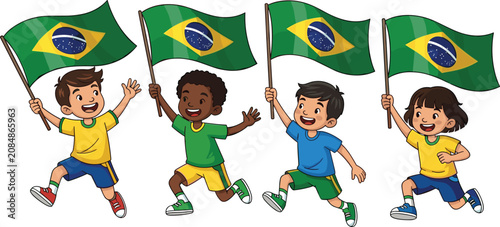 Cuadro en lienzo Brazilian children celebration silhouette illustration, kids running national fl