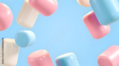 爽やかなライトブルー背景の周囲に、ピンクやブルーのぷっくりと膨らんだ可愛いマシュマロ調の3D円柱オブジェクトを浮かべた、ポップで遊び心のある抽象横型フレーム背景素材