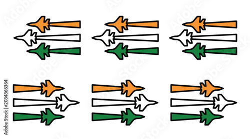 Six directional arrows in the colors of the Indian flag, orange, white, and green, arranged in two rows, symbolizing movement and progress, ideal for nationalistic themes