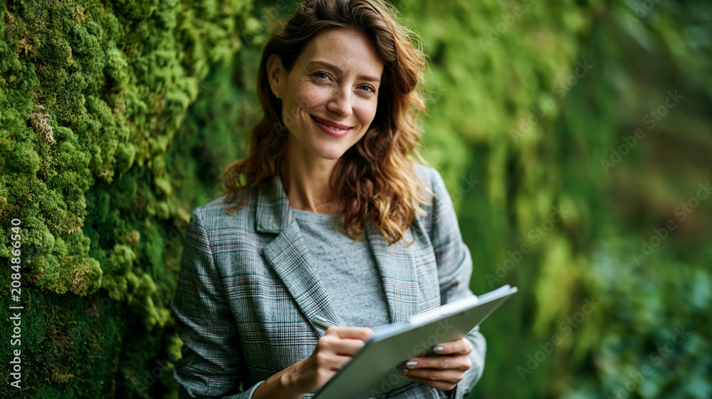 Fototapeta premium Attractive smiling businesswoman holding a clipboard before a bright green moss world map thinking about global business and sustainability environmental awareness with copy