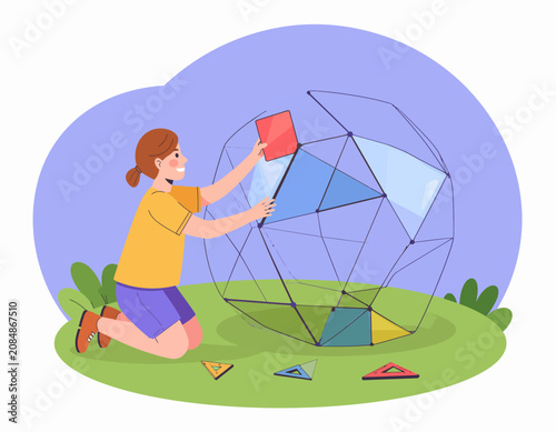 Girl Building Geometric Sphere Illustration for STEM Education