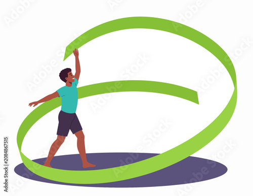 Young Black Man Performing Rhythmic Gymnastics with Green Ribbon Vector