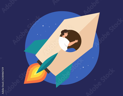 Man Flying in Cardboard Rocket Business Startup Concept Illustration