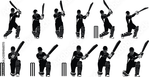 Tableau sur toile Cricket batting silhouette illustration, players in helmets, pads, gloves, stump