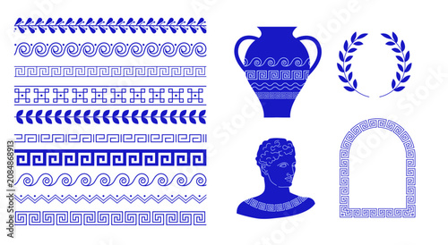 Greek decorative borders collection with geometric meander patterns, amphora, ancient sculpture silhouette, arch frame and laurel wreath. Modern blue and white vector illustrations set.