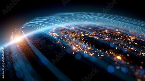 A glowing digital Earth showing bright city lights with arched data lines vivid neon depth global communication and connectivity concept technology with copy space