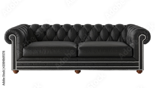Bild auf Leinwand Isolated luxurious black tufted leather two-seater sofa with classic nailhead tr