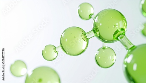 透明感あふれるライムグリーンの分子構造と美容液イメージ。植物由来成分やCICA、スキンケア、化粧品広告、バイオテクノロジーをイメージした高級感のあるサイエンス背景素材。白背景・コピースペースあり。ジェネレーティブAI