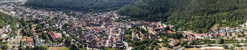 A panoramic aerial view beside the old town and monastery in the city Blaubeuern in Germany on a sunny summer afternoon. 