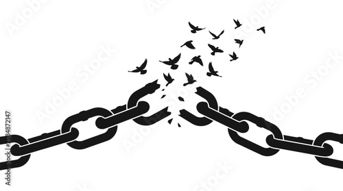 Broken chain with flying birds black silhouette on white background
