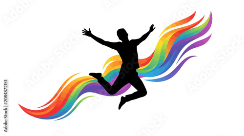 Jumping person silhouette with colorful wave shaped background