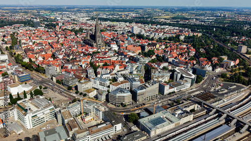  A panoramic aerial view beside the old town and münster cathedral in the city Ulm in Germany on a sunny summer afternoon. 