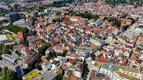 A panoramic aerial view beside the old town above the city Esslingen in south Germany on a sunny summer afternoon. 